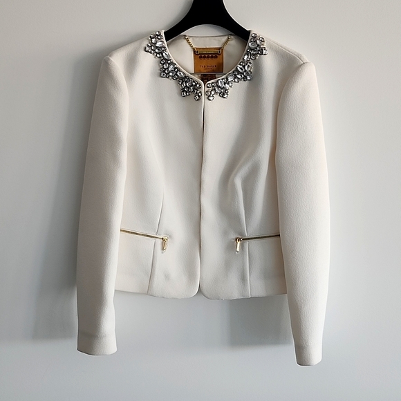 Ted Baker London Jackets & Blazers - TED BAKER 4 (US 10) Cropped Cream Jacket, Stunning Jewel Neck Detail, Pockets